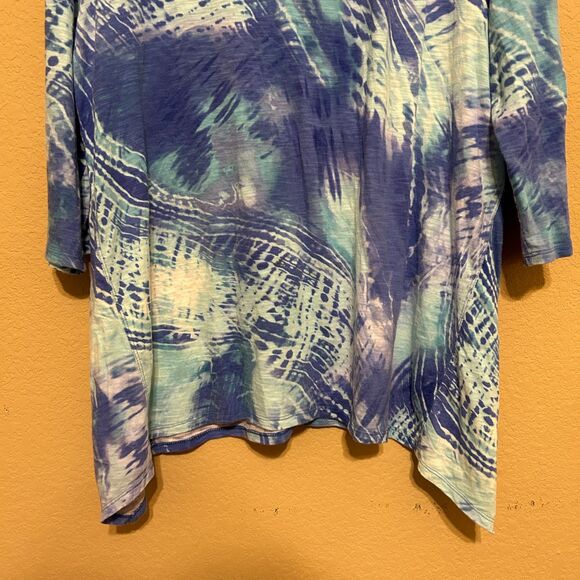 Chico's Tie Dyed Sharkbite Hem Tunic Top Womens Size 3 US XL Blue Boho Beachy - Picture 5 of 8